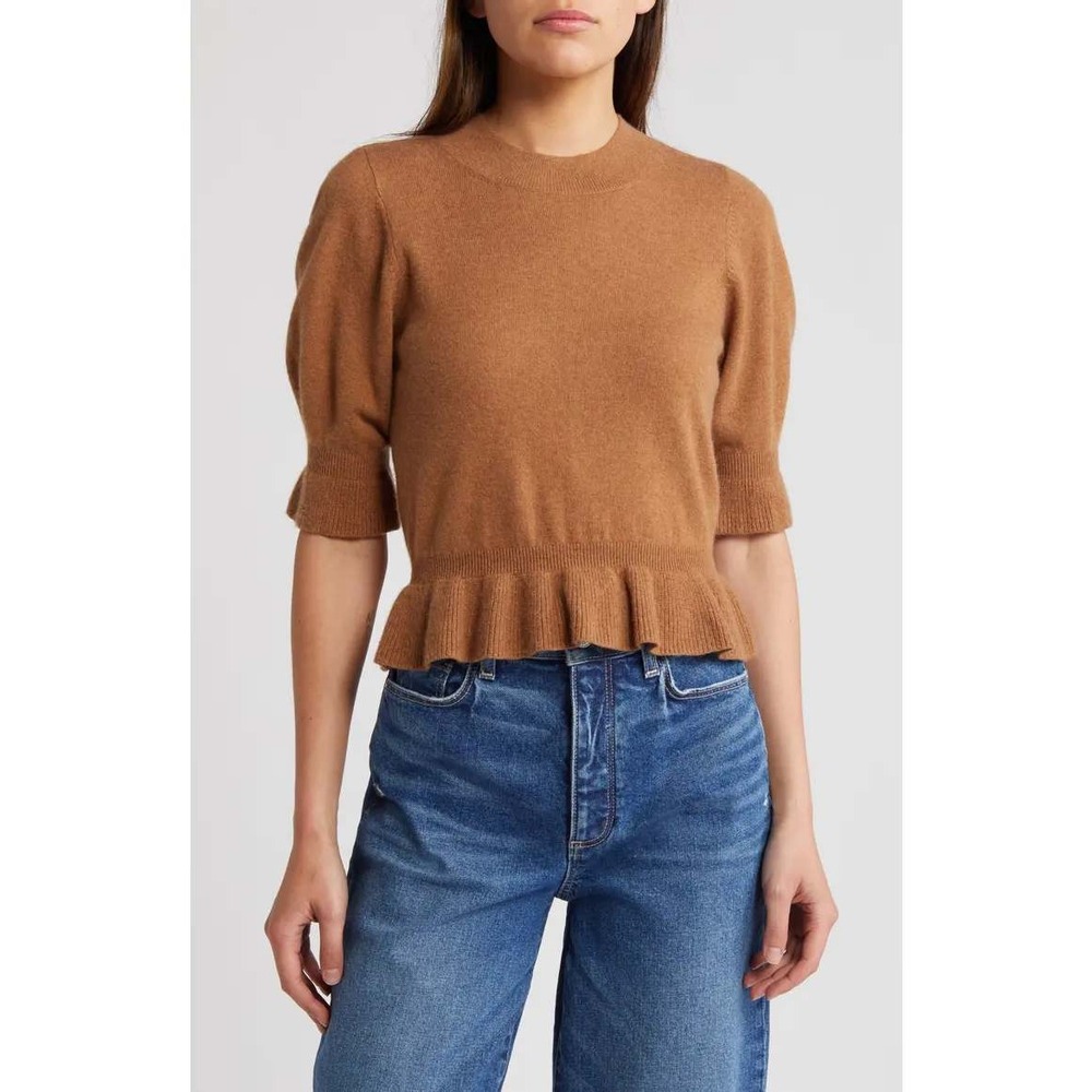 Paige Sabelina Merino Wool Blend Sweater Ruffle Elbow Sleeve Dark Caramel Small